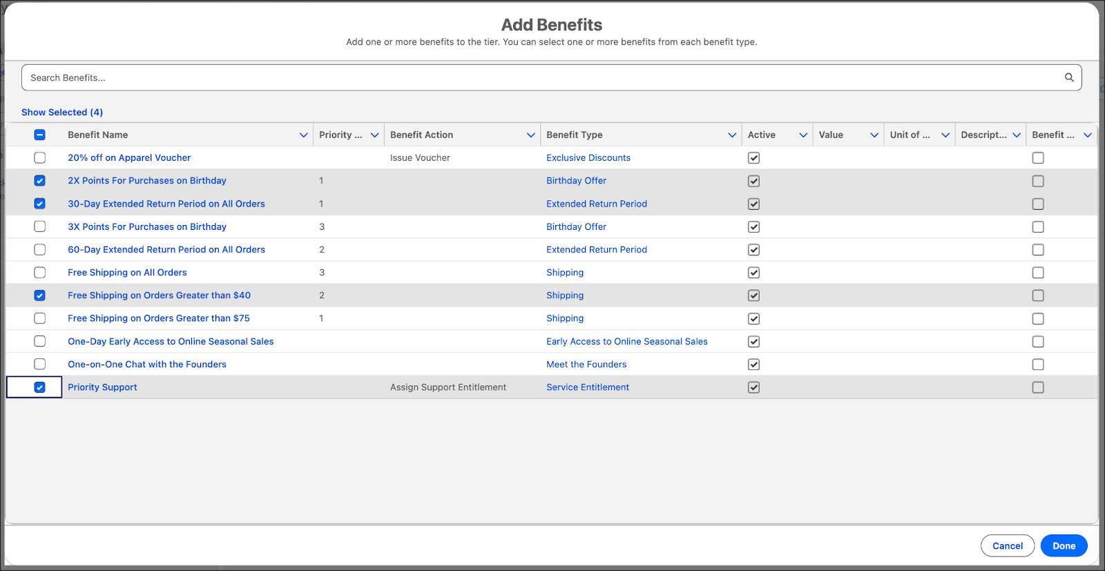 The Add Benefits window where you select the benefits for a tier.