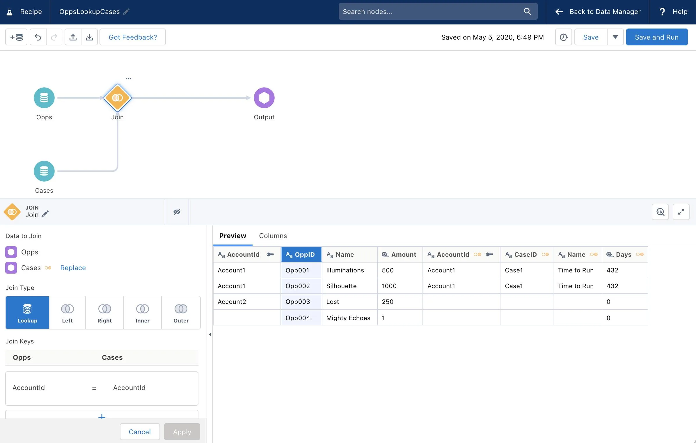 AccountId 項目を使用した商談とケース間のルックアップ。