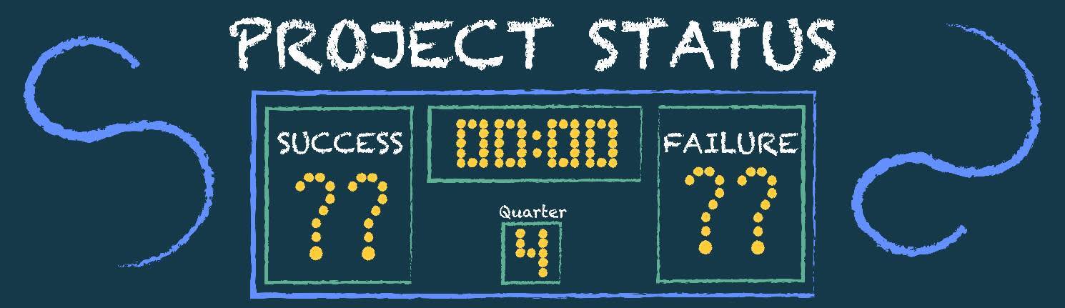 Marcador con el letrero "Project Status" (estado del proyecto) e interrogantes en lugar de puntuaciones