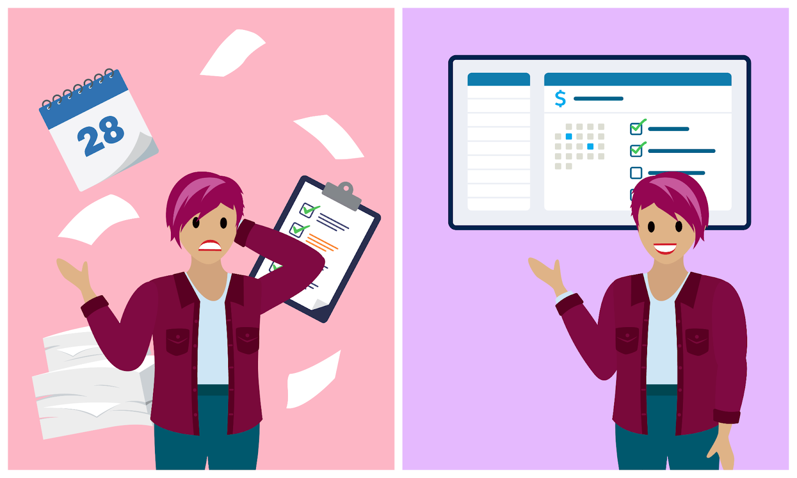 Illustration comparing traditional manual billing chaos with streamlined billing.