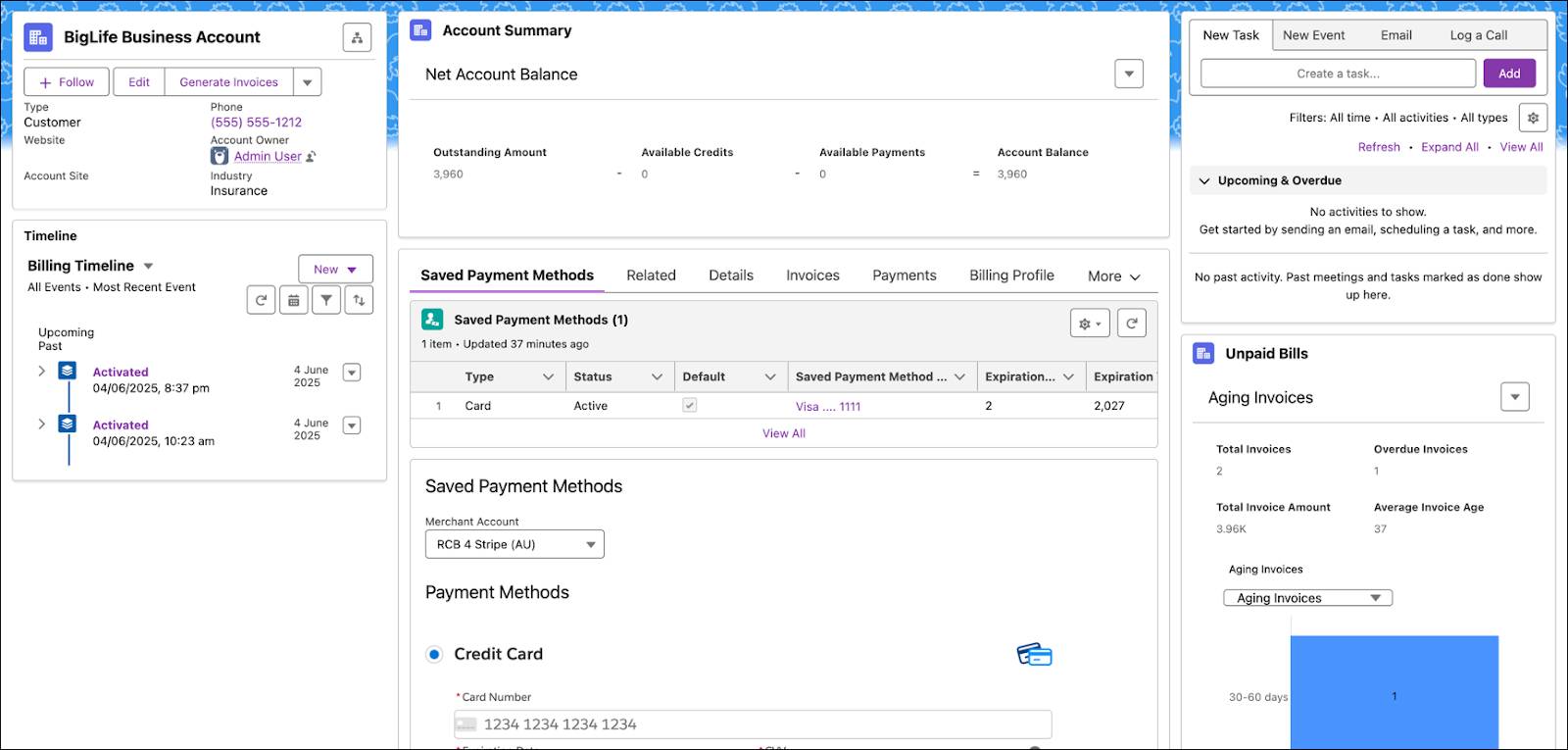 Billing Account page with account summary, billing timeline, saved payment methods, aging invoices and unpaid invoice details.