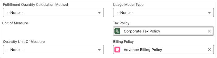 Updated values for tax policy and billing policy on the Laptop Basic Bundle record.