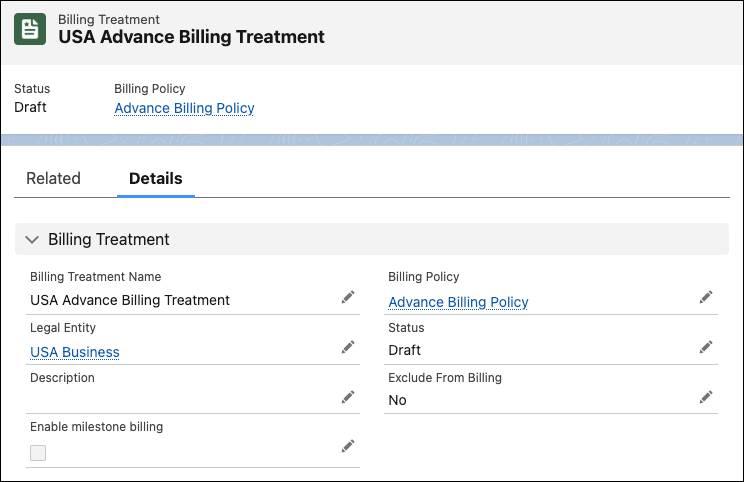 The billing treatment record with the details previously specified.