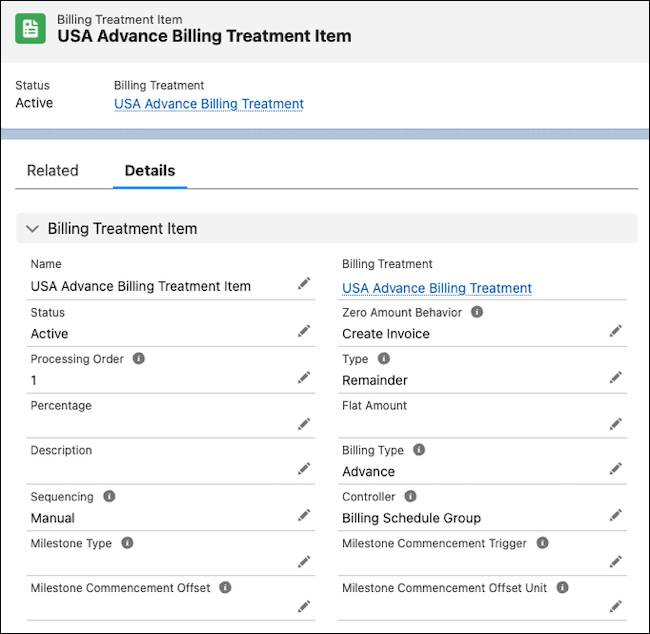The billing treatment item record with the details previously specified.