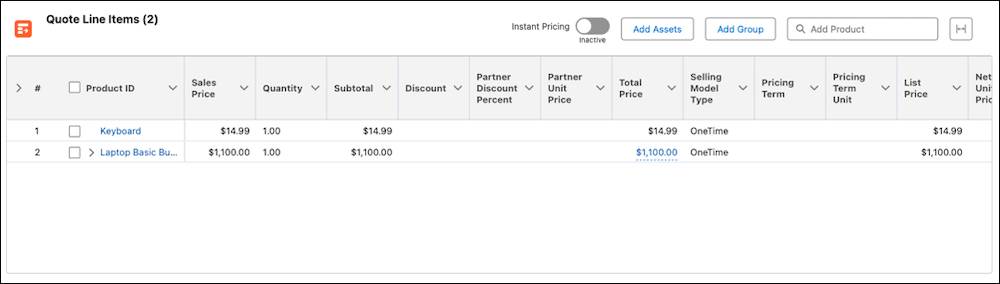 Each quote line item will include details such as total price.