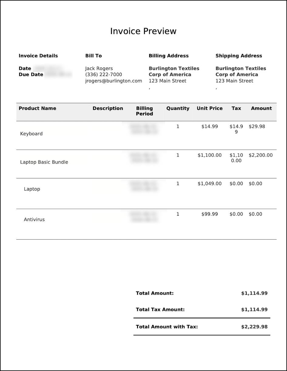 The invoice preview includes pricing for all of the order products, including those in a bundle.
