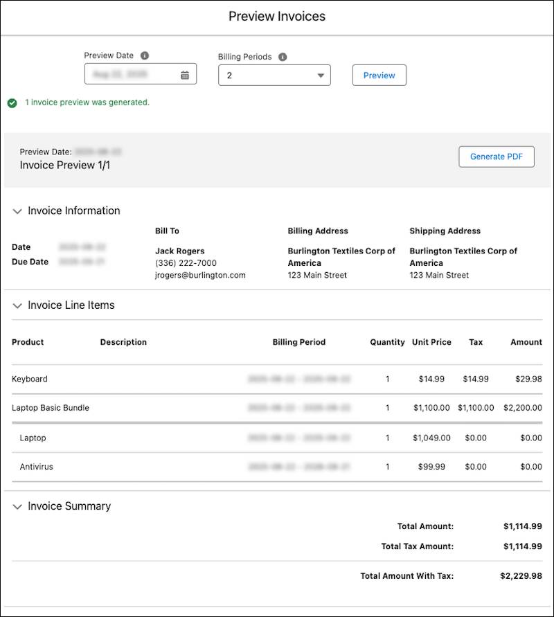 The preview invoice contains all of the order products, including bundled products.