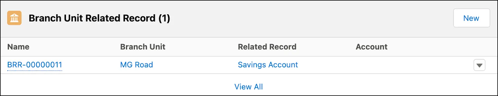 The Branch Unit Related Record related list showing a record for Angela Chatterjee’s updated savings account.