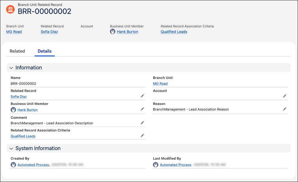 The branch unit related record connects the MG Road branch with the lead for Sofia Diaz because it was a qualified lead.