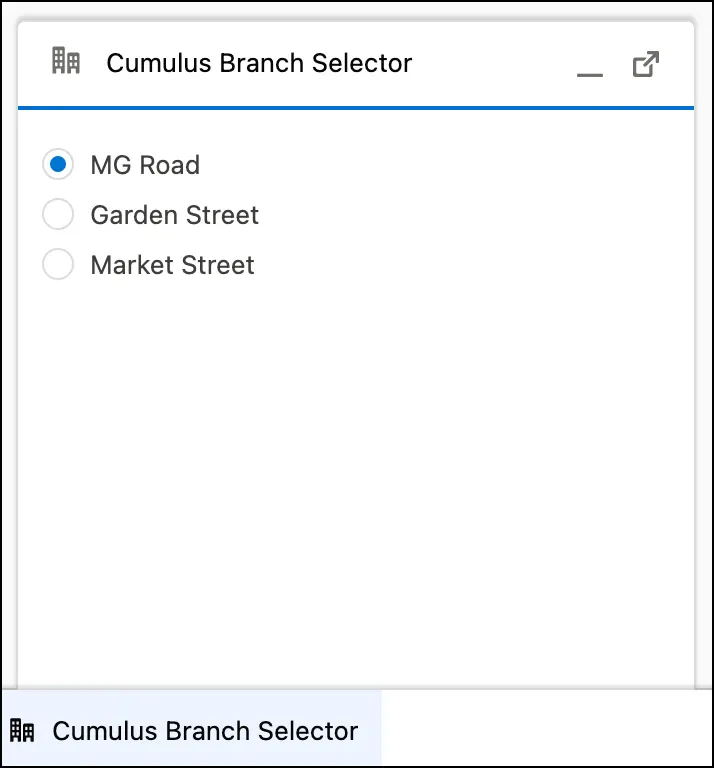 The Cumulus Branch Selector with the MG Road branch selected.