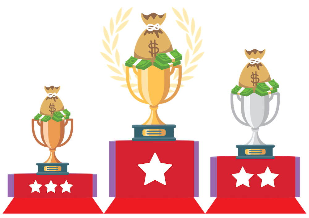 An image of a winner's podium with trophy cups filled with money.