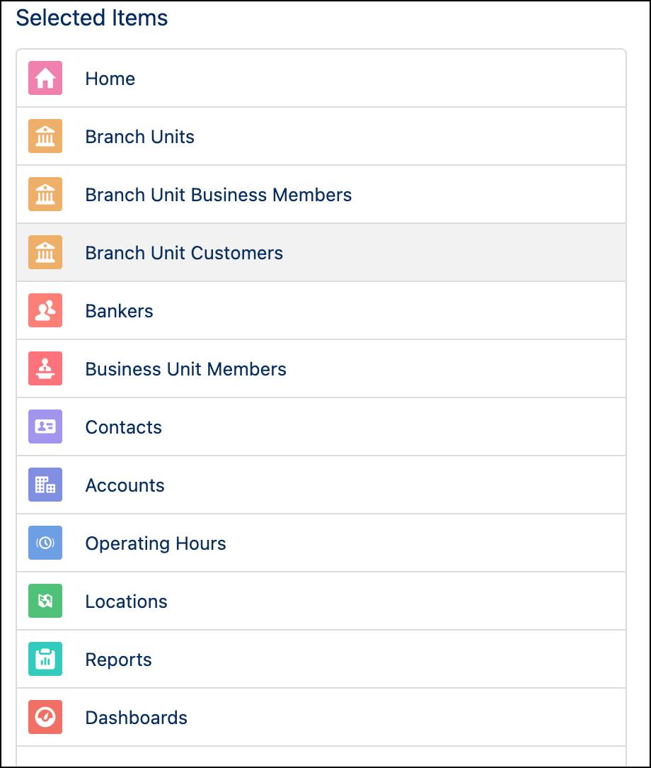 The Lightning App Builder page section with Branch Management navigation items added.