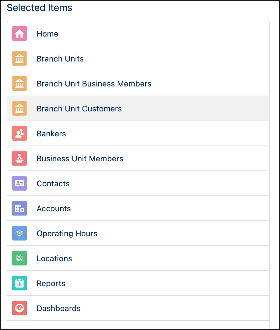 The Lightning App Builder page section with Branch Management navigation items added.