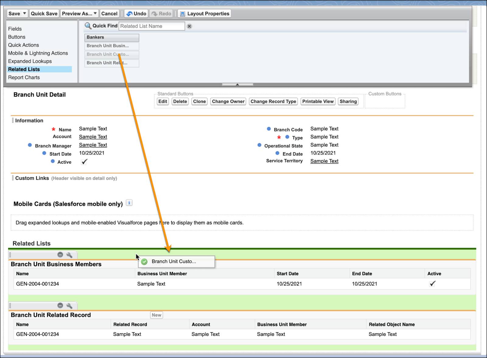 The Page Layout editor with the Branch Unit Customers related list component added.