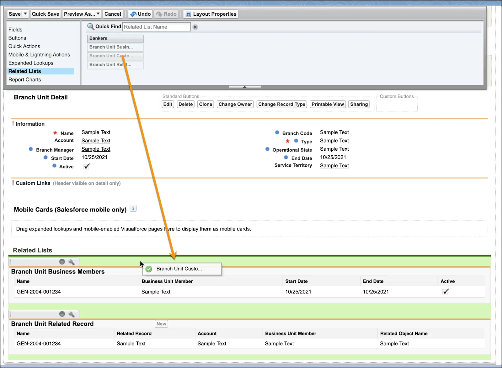 The Page Layout editor with the Branch Unit Customers related list component added.