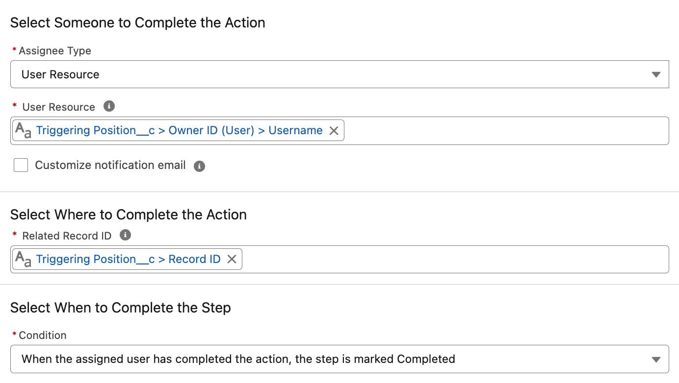 Shows the Assignee Type, User Resource, Related Record ID, and Condition fields filled in with the information above.