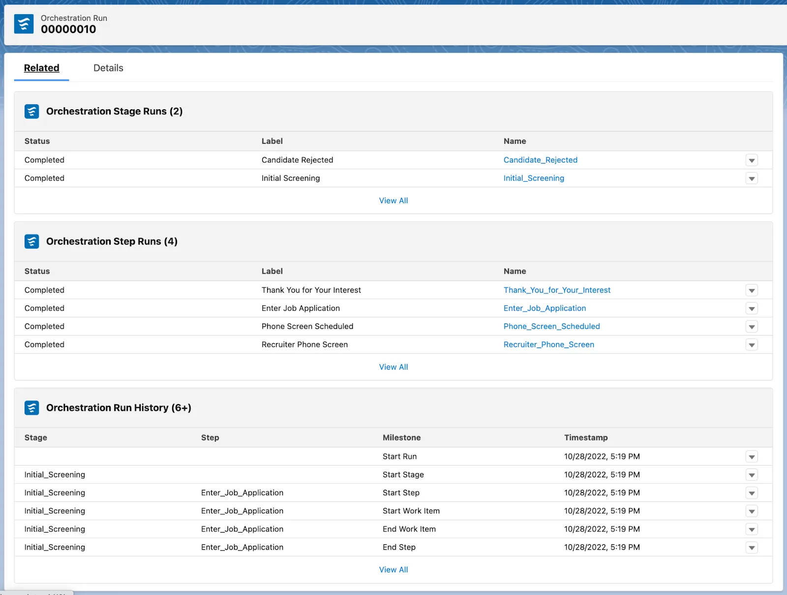 The Related tab with details of stage and step runs and the orchestration run history