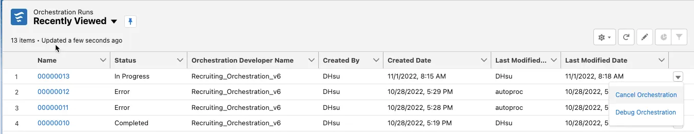 Orchestration Runs list view with Cancel Orchestration option visible