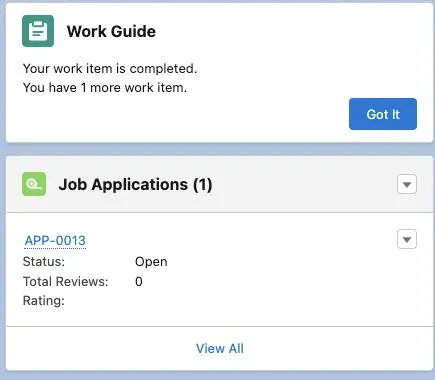 The completed Job Application item in the work guide