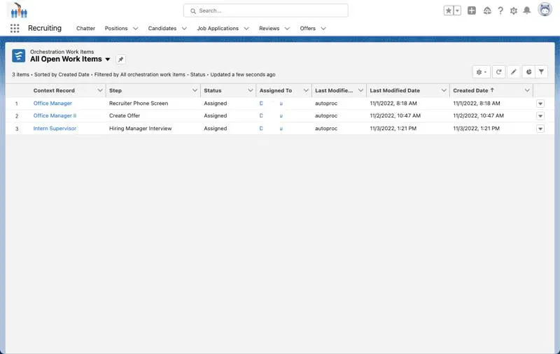 Orchestration Work Items view with a list of all open work items