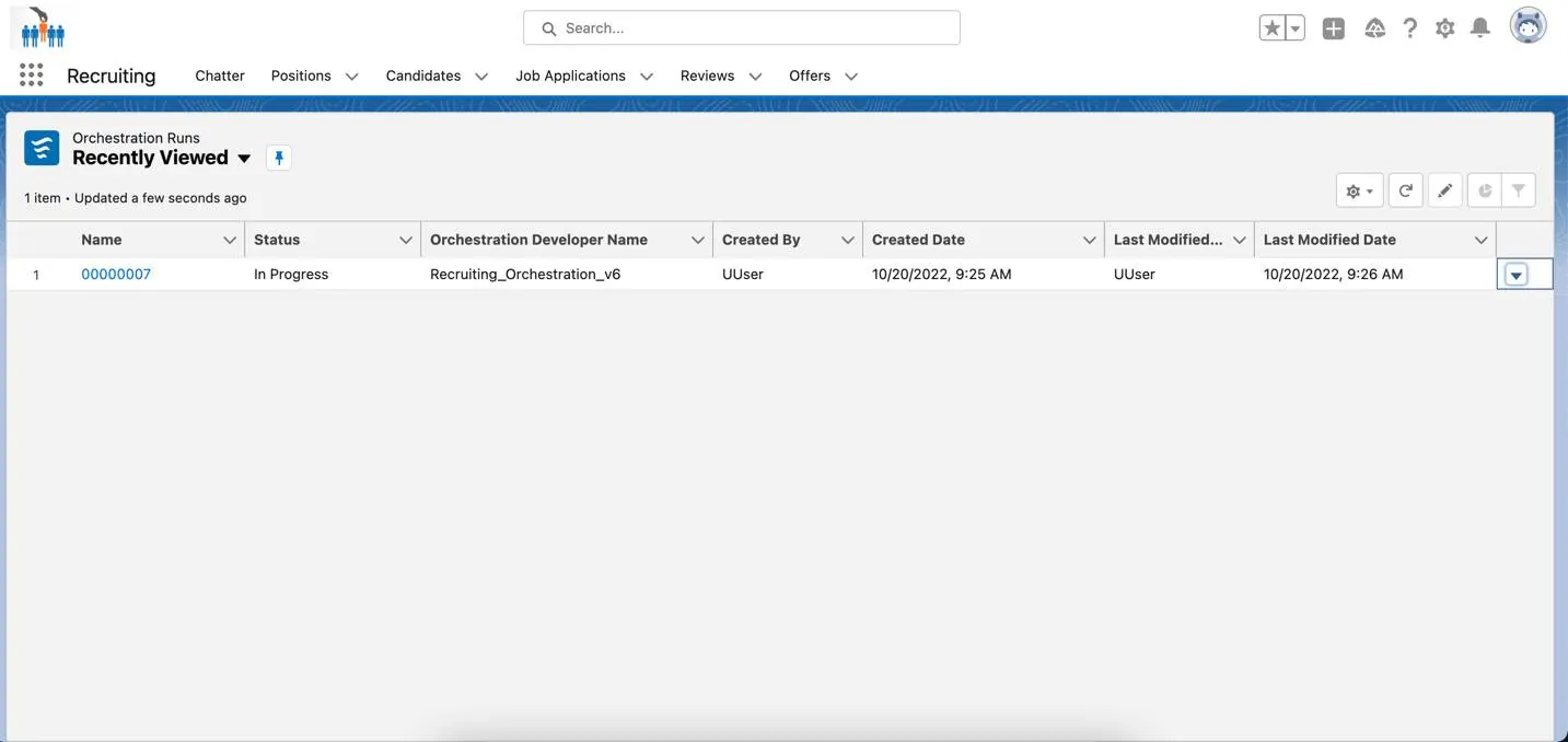 Orchestration Runs list view screen. Columns include Name, Status, Created By, Created Date, Last Modified By, and Last Modified Date.