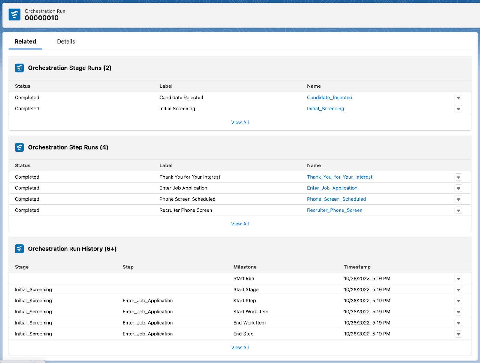 The Related tab with details of stage and step runs and the orchestration run history