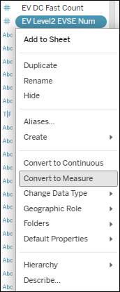 Context menu for EV Level 2 EVSE field with selection to convert to measure.