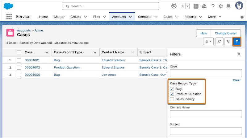 Interface showing a quick filter with selected case record types.