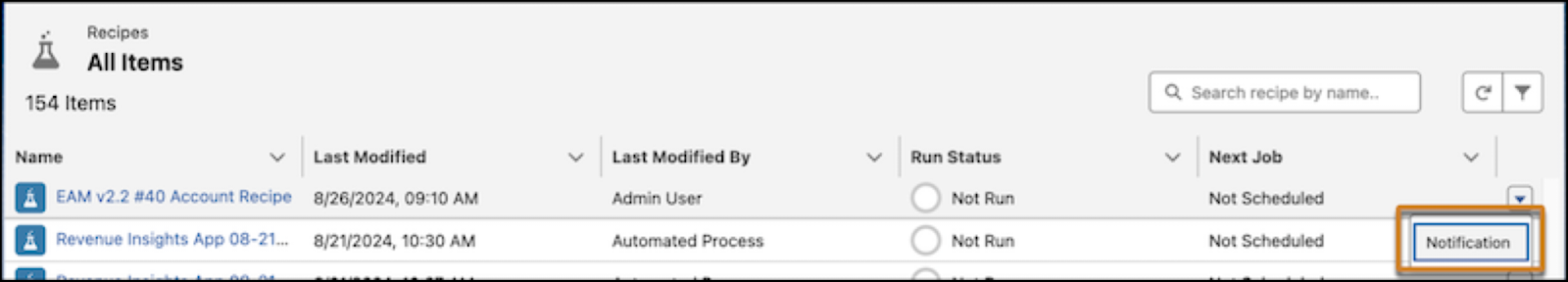 Data Manager with Recipes tab open; notification selected from a recipe’s Action menu to subscribe.