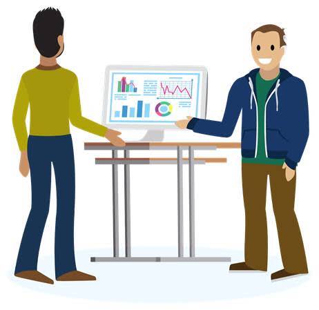 何かを修正するビジネスアナリストを象徴する、コンピューターの前にいる 2 人の人物の画像。