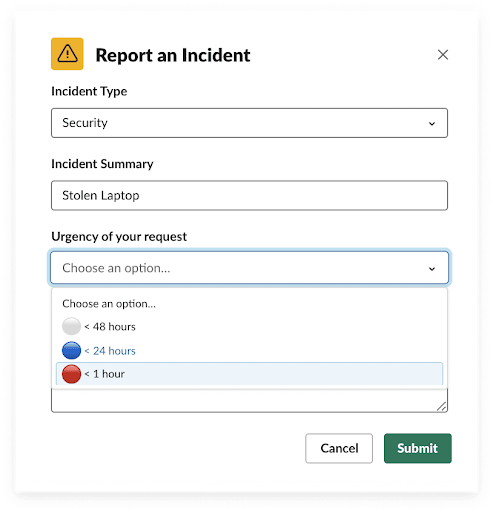 [Report an Incident (インシデントを報告)] ワークフローフォーム。インシデントの種類、インシデントの概要、リクエストの緊急度の項目がある。