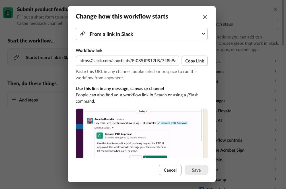 [Change how this workflow starts (このワークフローの開始方法を変更)] モーダル。ドロップダウンメニューで [From a link in Slack (Slack のリンクから)] が選択されている。その下にワークフローリンクが表示されていて、[Copy Link (リンクをコピー)] ボタンがある。
