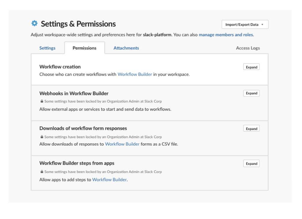 [Permissions (権限)] タブが選択された [Settings &amp; Permissions (設定と権限)] ウィンドウ。