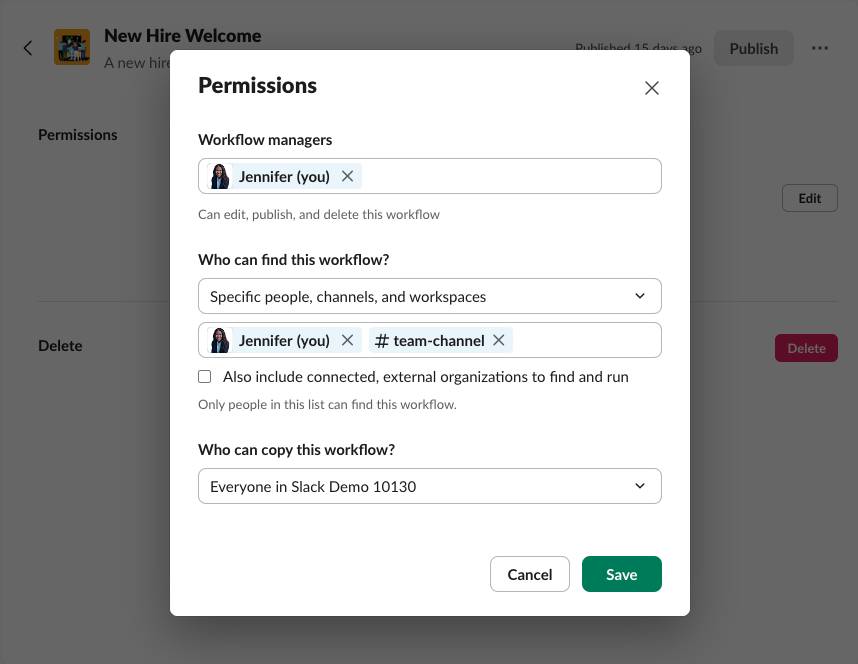 [Permissions (権限)] モーダルでは、[Workflow managers (ワークフローマネージャー)] が Jennifer に設定され、[Who can find this workflow? (このワークフローを見つけられるユーザー)] が [Specific people, channels, and workspaces (特定のユーザー、チャンネル、ワークスペース)] に設定され、Jennifer と #team-channel が指定されている。また、[Who can copy this workflow? (このワークフローをコピーできるユーザー)] は [Everyone in the workspace (ワークスペース内の全員)] に設定されている。