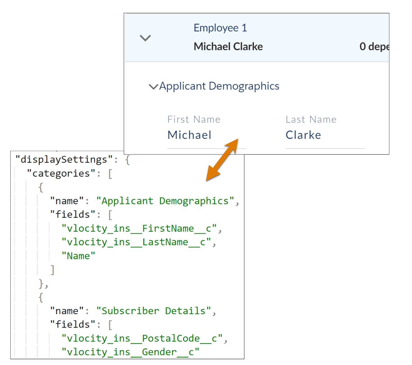 The displaySettings screen and matching screen with an Applicant Demographics category containing fields First Name and Last Name.