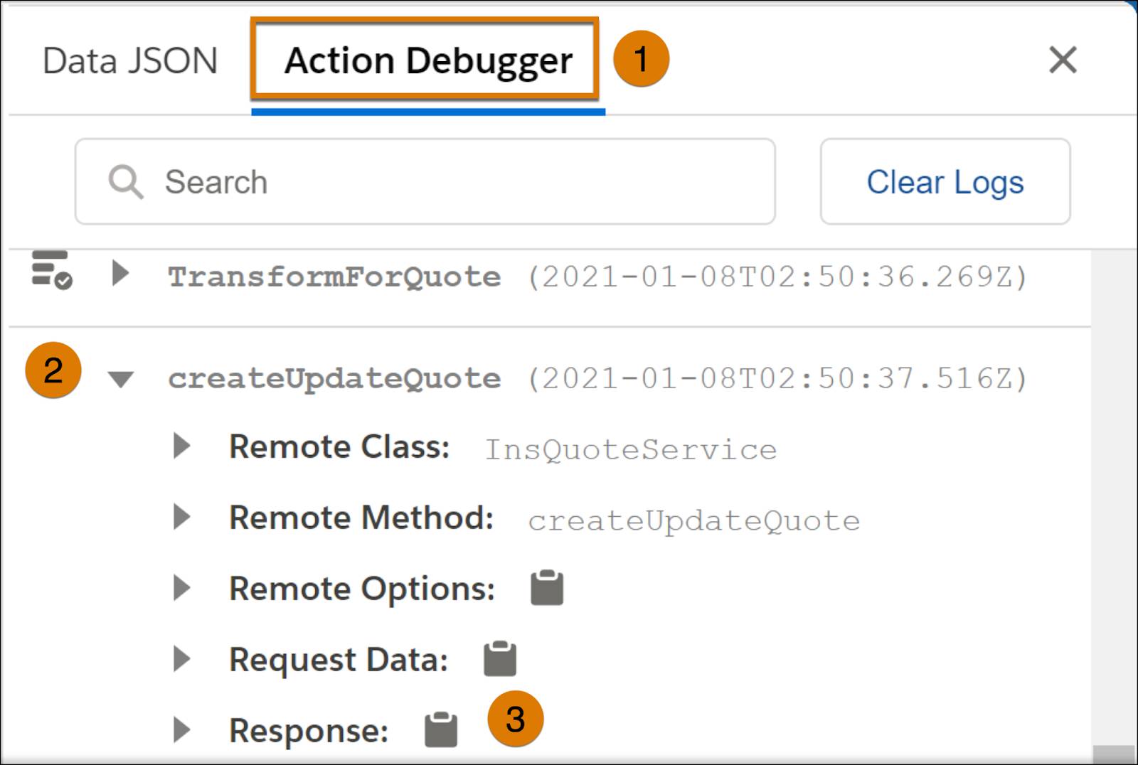 The Action Debugger with Expand and Copy icons highlighted in OmniScript preview mode.