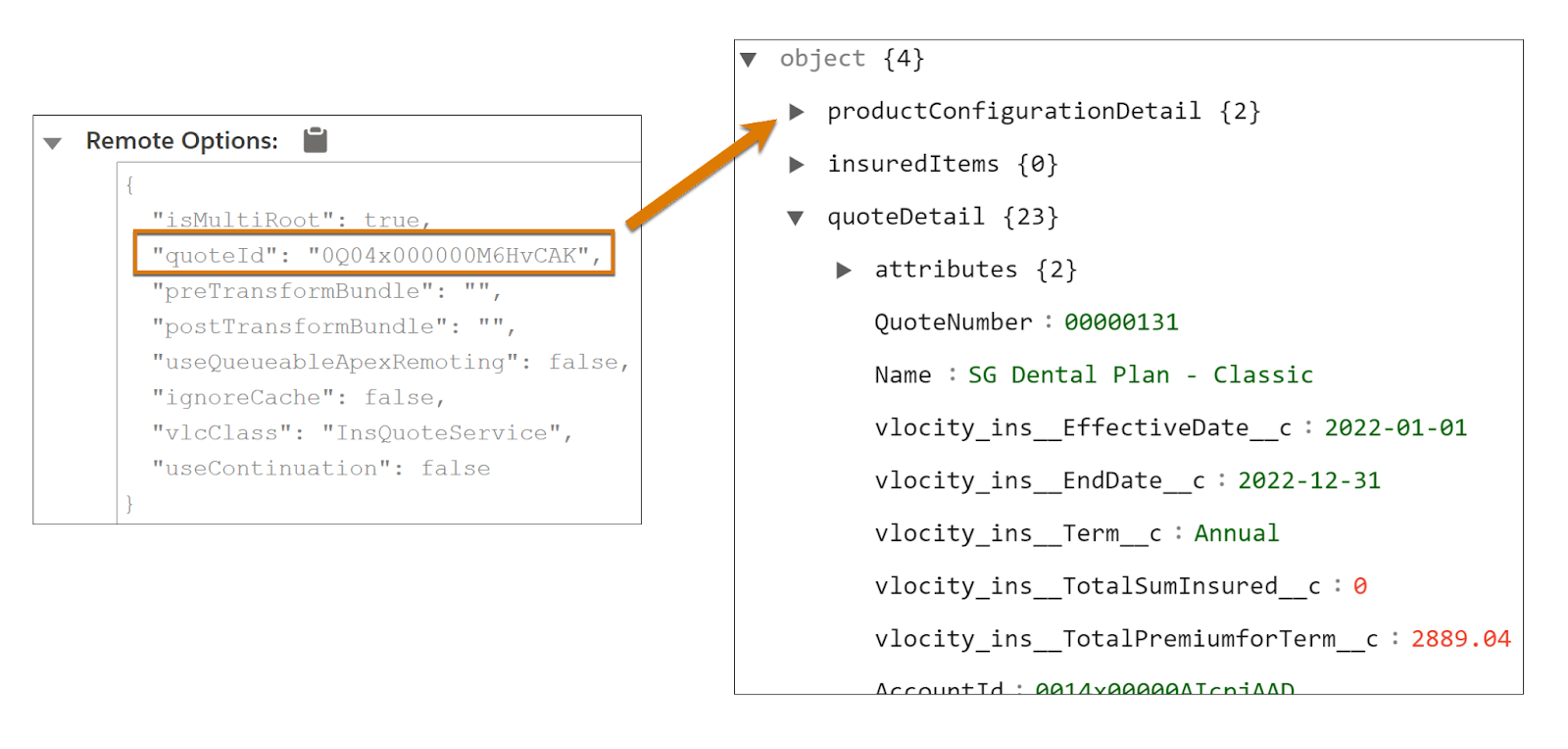 The getQuoteDetail service returns quote details in JSON using an existing quote ID.