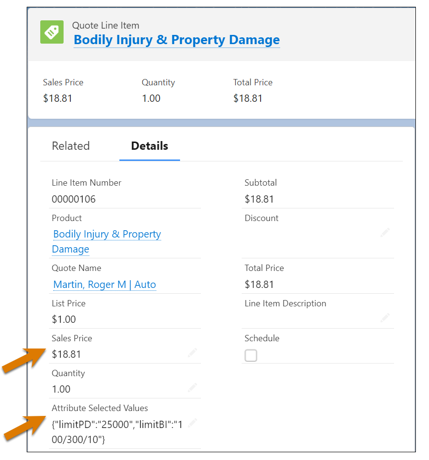 The quote line item for bodily injury coverage shows its sales price and attribute values.