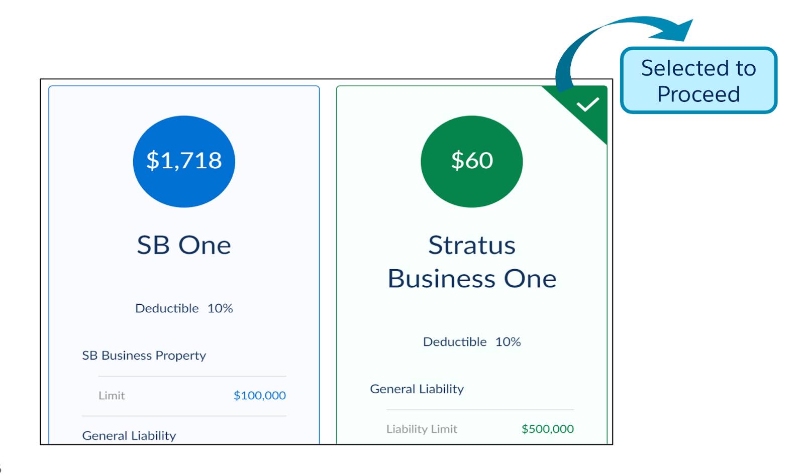 The Lightning web component with two business insurance products and one selected.