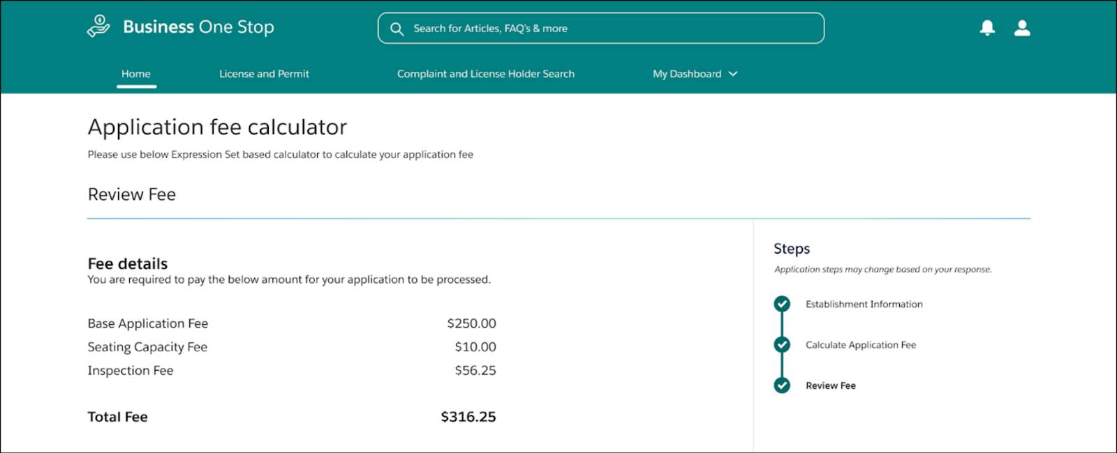 Screenshot of application fee details