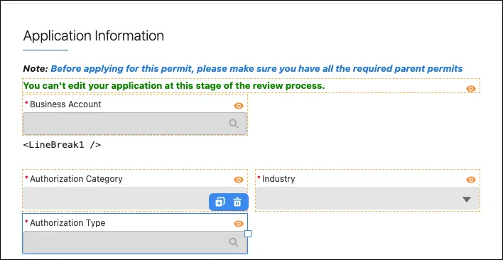 Screenshot of application information collected in OmniScript, including Authorization Category and Authorization Type