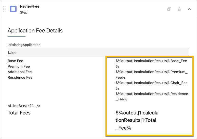 Screenshot of Application Fee Details for the various fees