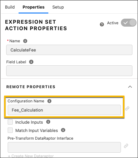 Screenshot of Fee_Calculation expression set value set for the Configuration name of the expression set action