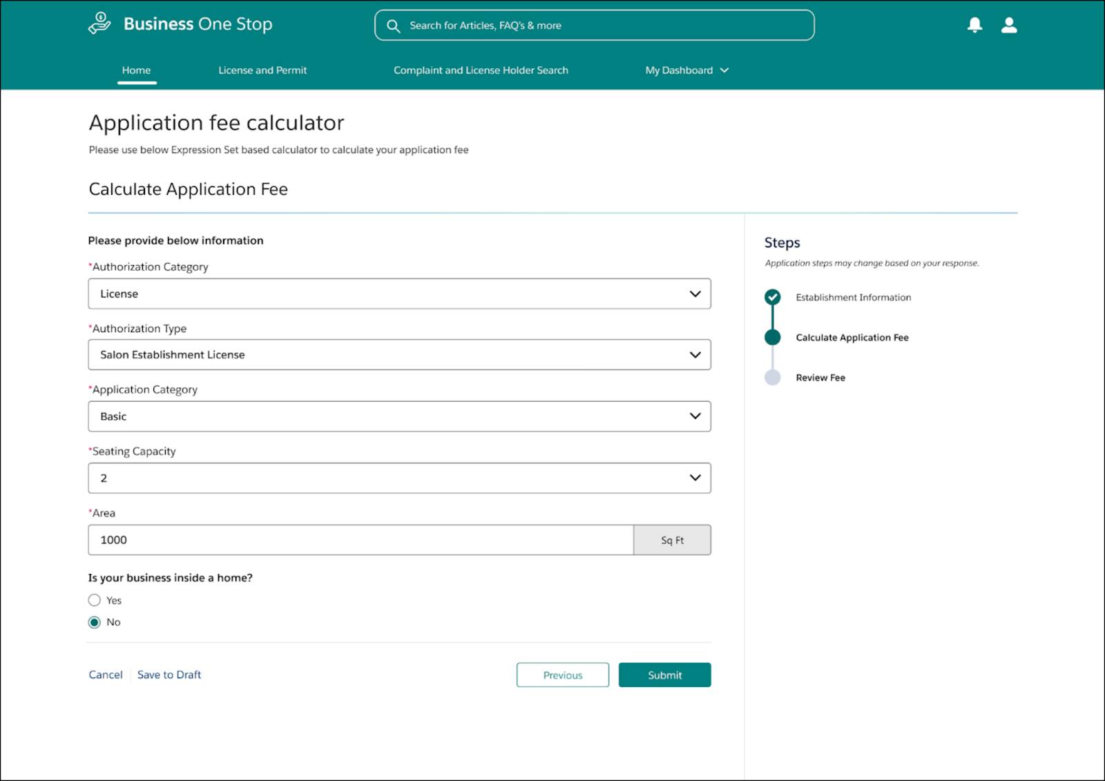 Screenshot of application fee calculator guided flow