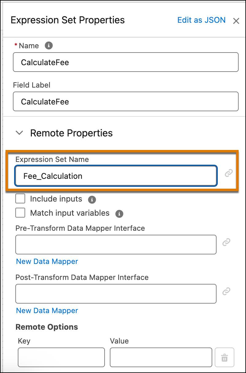 Screenshot of Fee_Calculation expression set value set for the Configuration name of the expression set action