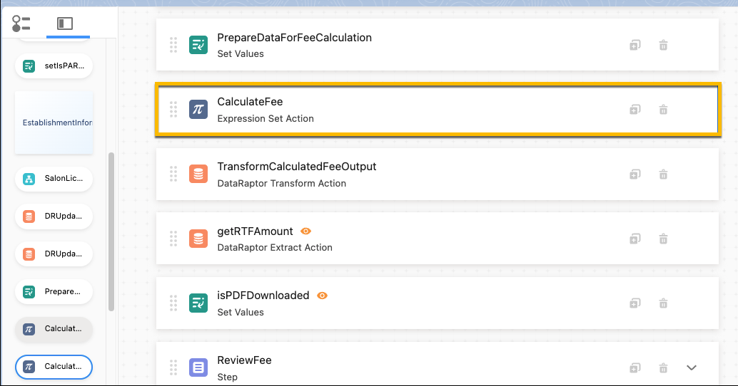 Screenshot of Expression Set Action for CalculateFee added to OmniScript