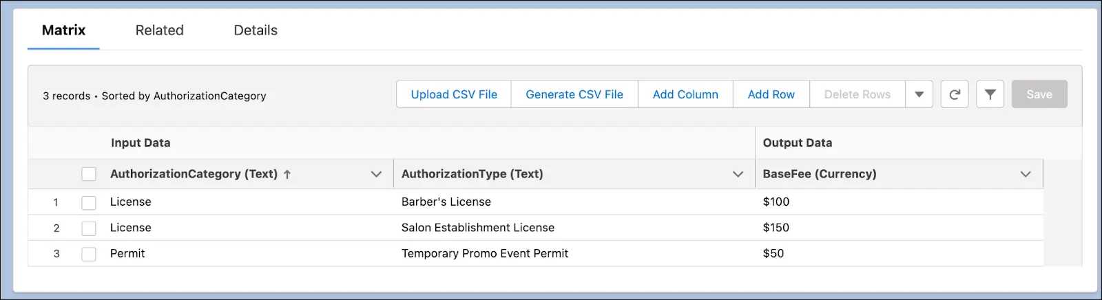 The matrix is uploaded and all the data appears in the right columns with the appropriate header and data types.