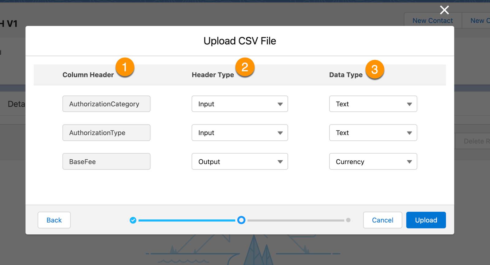 [Column Header (列ヘッダー)]、[Header Type (ヘッダー種別)]、[Data Type (データ型)] の各列が強調表示されている .csv ファイルのアップロードプロセス