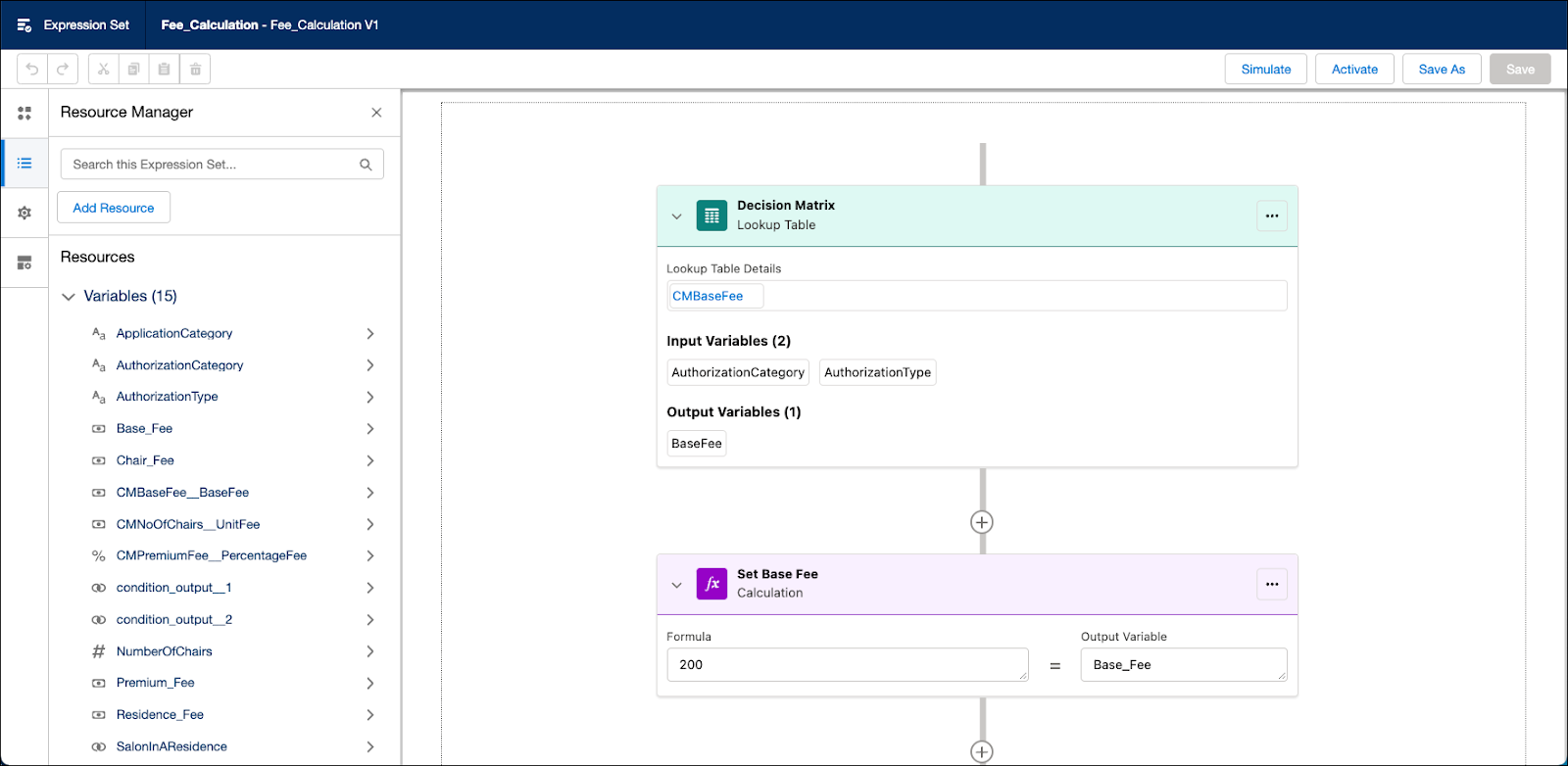 Screenshot of an expression set for an application fee