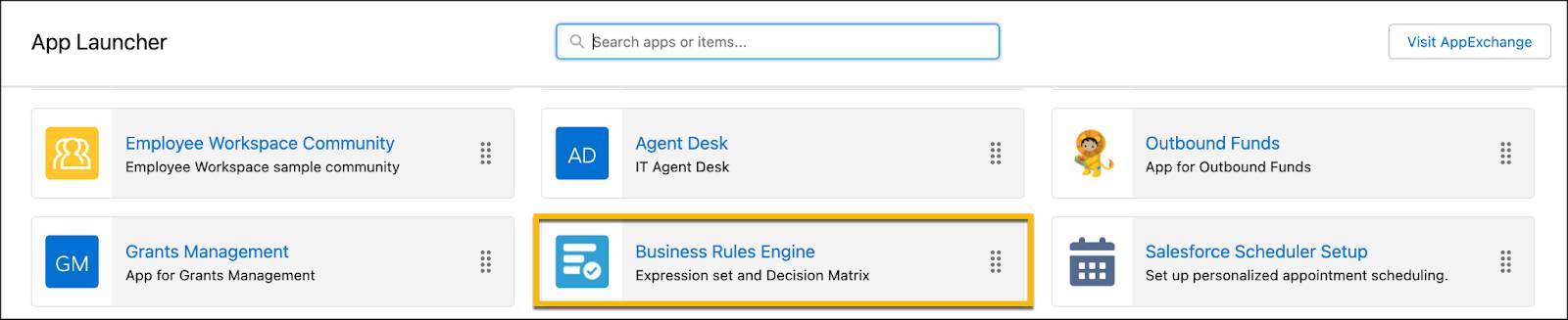 Screenshot of App Launcher with Business Rules Engine app highlighted